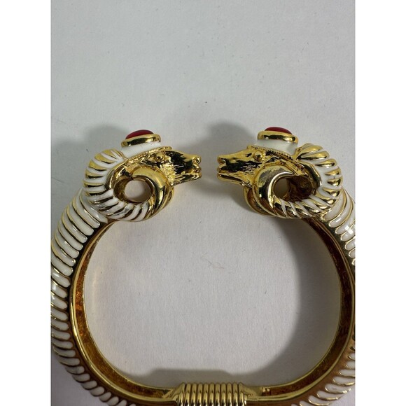 Kenneth Jay Lane, Enamel White Red Jeweled Double Ram Head Bracelet - Picture 8 of 16